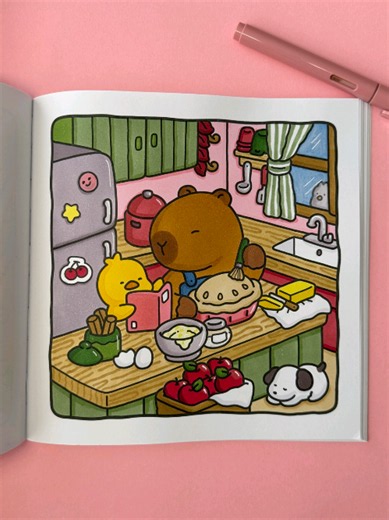 🍎 Thought I'd try a different kind of autumn colour palette, so I based this one on apples. 🍏 I love how this page turned out, and now I want apple pie.. 🥧 (Cozy Capybara, Coco Wyo, baking kitchen page. Simple flat fall colouring inspo) #colortok #cozycoloring #colorwithme #ohuhu