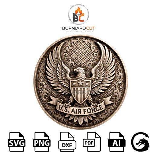 U.S. Air Force Emblem – 3D Illusion Laser Engraving Design | Patriotism, Military Pride & Honor | CO2, Diode
