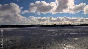 Two swans flying over the ice on a winter day in the Stockholm Archipelago, Sweden