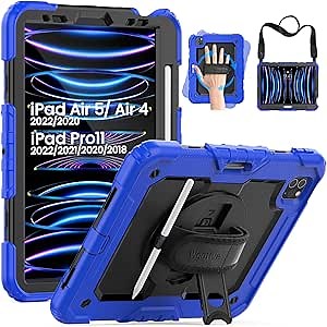iPad Air 4th/5th Generation Case, Shockproof Case with 360°Rotating Stand/Handle,Pencil Holder, Shoulder Strap Feature, Screen Protector iPad Pro 11 Inch Case (Dark Blue)