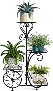 Metal Plant Stand for Indoor Outdoor 4 Tiers Plant Shelf Corner Decoration Display Rack Wrought Iron Multi-Tier Flower Planter Potted Holder Organizer for Living Room Balcony Garden Patio Black