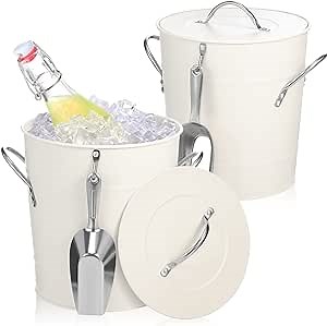 2 Pack Ice Buckets with Scoops 4QT Stainless Steel Ice Bucket Container for Party White Drink Champagne Insulated Server for Bars Home Barbecue Picnics Camping with Lids and Handles
