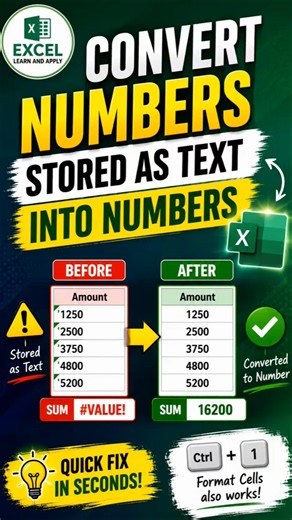 Numbers Stored as Text in Excel? Fix It in Seconds! #shorts