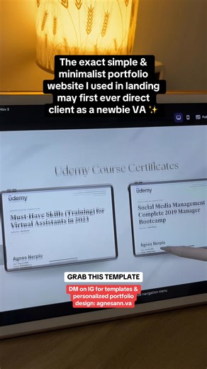2.7K views · 18 reactions | The exact simple & minimalist portfolio website I used in landing may first ever direct client as a newbie VA ✨ Grab this template- Link in bio or DM me on IG: agnesann.va #portfolio #virtualassistant #aspiringvirtualassistant #valife #virtualassistantlife | The Freelance Creative PH | Facebook