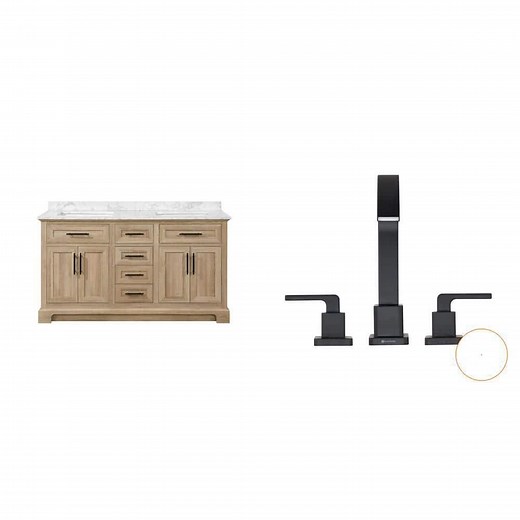 Doveton 60 in. Weathered Tan Double Sink Vanity with White Marble Top and Farrington Matte Black 8 in. Faucet (2-Count) - The Home Depot