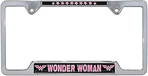 Elektroplate Officially Licensed - DC Comics Wonder Woman Pink on Chrome-Plated All-Metal Standard Size License Plate Frame Tag Holder for Cars/SUVs/Trucks Weather-Proof Automotive Accessory
