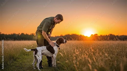 Male wildlife conservation officer training a pointer K9 search and rescue dog in a field at sunset