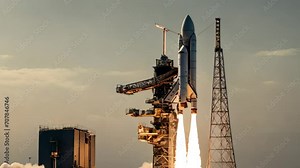 Rocket launches from the launch pad. illustration of a powerful start. Generative AI