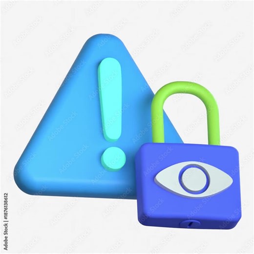 A 3D warning triangle with an exclamation mark next to a padlock with an eye symbol representing secure monitoring