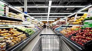 Grocery Store Interior with Shopping Cart | Premium Stock Video Footage