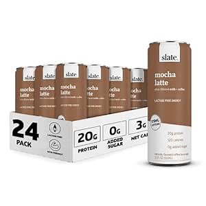 Slate Milk - High Protein Iced Coffee - Mocha Latte - 175mg Caffeine, Lactose Free Energy - 20g Protein, 1g Sugar, 100 Calories, 3g Net Carbs, No Sugar Added - Protein Coffee - 11 fl oz, 24 Cans