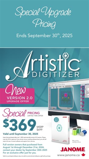 Janome Canada on Instagram: "✨ Meet the NEW Artistic Digitizer V 2.0 ✨ Digitizing just got easier and more creative than ever before! With the all-new Sketch Stitch function, you can transform your ideas into unique stitched art at the touch of a button. Artistic Digitizer owners (AD Jr too!) we’ve got exclusive V 2.0 upgrade pricing available until September 30, 2025. Your chance to unlock brand-new tools at a special rate. Because sometimes the best ideas deserve the best features. Visit your 