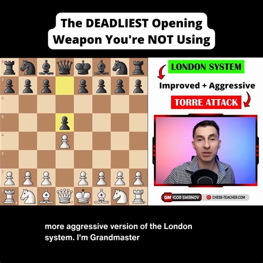 54K views · 454 reactions | New Video Out! In today’s new video, GM Igor Smirnov will introduce you to the Torre Attack—a powerful opening like an improved and more aggressive version of the London. It’s easy to learn, solid in structure, but offers much sharper attacking chances against common defenses like the King’s Indian or Indian Game. #chess #chesslessons #playchess #learnchess #chesslife | Remote Chess Academy | Facebook
