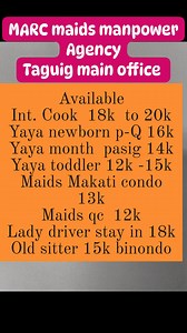 Hello gd day Po Kung willing kayo Ito guide namin No age limit kami Kaya lang mga client Sila namimili idad. MARC MAIDS MANPOWER AGENCY UNIT 21 PGRC BLDG SAMPAGUITA ST CORNER CAMIA BRGY PEMBO TAGUIG MAKATI Dole License agency My contract kami 6month Day of depende usapan nyo. 13month fee Benefits. ss. Philhealth. Pag ibig Kung kayo mag apply Ito mg number ng staff pwde tawagan Cris 09350071147 Rose 09541433667 Janie 09153193365 Need requirements Nbi c Birth c Brgy c Police c Government Id Dala n