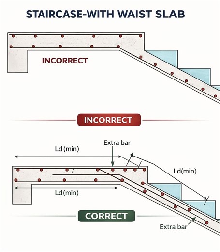 𝗦𝗧𝗔𝗜𝗥𝗖𝗔𝗦𝗘 𝗪𝗜𝗧𝗛 𝗪𝗔𝗜𝗦𝗧 𝗦𝗟𝗔𝗕 𝗖𝗢𝗥𝗥𝗘𝗖𝗧 𝗩𝗦 𝗜𝗡𝗖𝗢𝗥𝗥𝗘𝗖𝗧 Staircases may look simple but structurally they demand careful reinforcement detailing. Incorrect bar placement at the landing and slope junction is one of the most common mistakes seen on construction sites. 𝗜𝗡𝗖𝗢𝗥𝗥𝗘𝗖𝗧 𝗥𝗘𝗜𝗡𝗙𝗢𝗥𝗖𝗘𝗠𝗘𝗡𝗧 𝗗𝗘𝗧𝗔𝗜𝗟𝗜𝗡𝗚 When main reinforcement bars are not extended properly into the landing slab the load transfer becomes weak. Insufficient development leng