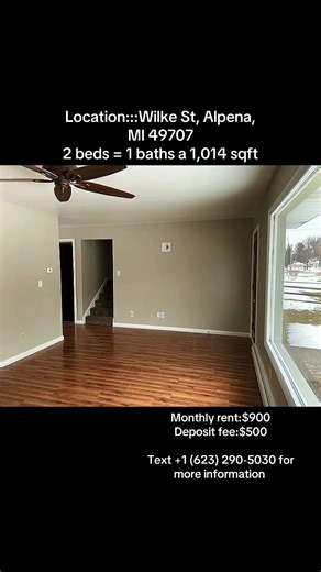 Location:::Wilke St, Alpena, MI 49707 2 beds = 1 baths a 1,014 sqft Monthly rent:$900 Deposit fee:$500 Text 1 (623) 290-5030 for more information schedule your appointment with post picture Comfortable 2 bed/1 bath home with basement and attached single car garage. Lots of storage! Open kitchen/dining area with large living room. Minutes from hospital, shopping and both the M-32 and US 23 corridors #alpena #michigan #propertymanagement #rent #fyp