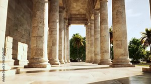 Sunlit Marble Colonnade with Repeating Columns and Palm Trees Greenery in the Background