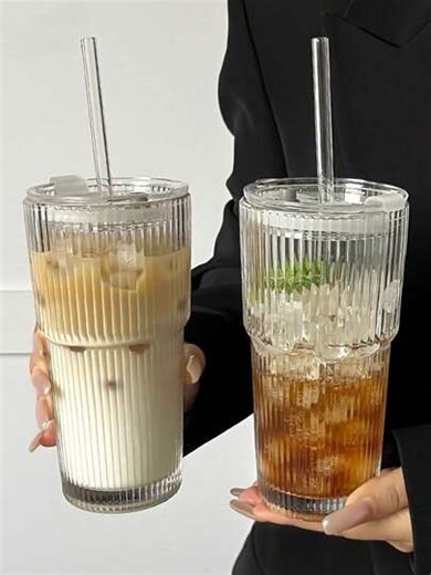1 Set Striped Glass Cup (With Straw & Lid), Thick Glass Bamboo Node Cup Body Design, Large Capacity For Water, Coffee, Tea, Whiskey, Milk, Lemonade, Mixed Tea Drinks, Juice. Portable And Easy To Clean. Suitable For Home, Office, School, Beach, Party, Outdoor Leisure Use. Can Be Used As Water Cup, Iced Coffee Cup, Milkshake Cup, Fruit Cup, Juice Cup, Milk Cup. An Ideal Gift Choice For Birthdays, Holidays, Anniversaries To Give To Family And Friends. Home Decor, Daily Necessities, Water Bottle, Cu