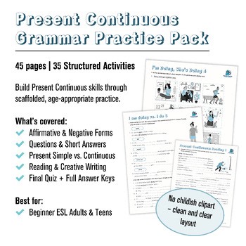Present Progressive Exercises for Adult ESL Beginners | 35 Grammar Exercises