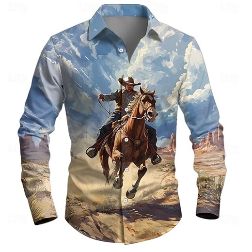 Men's Cowboy Riding Horse Shirt Western Shirt Cowboy Shirt Long Sleeve Vintage Retro Casual Outdoor WorkWear Spring Fall Turndown 3D Print Button Up Shirts Blue Purple 2025