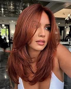 vedar Auburn Red Wigs with Bangs, Copper Red Wigs for Women, Shoulder Length Synthetic Hair Red Full Wig, Middle Length Straight Hair Wig, 20 inch VEDAR-235