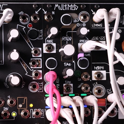 Patching with square waves and phase, courtesy of the MultiMod! This patch is all about square waves— the Pink color of the MultiMod's Shape control. Six of the MultiMod's outputs are fanned throughout the patch, providing rhythmic modulation (to X-Pan's amplitude and Mimeophon's Repeats, Zone and Color). A trio of oscillators (XPO and two STOs) provide the tones, with a loop in the Morphagene supplying the drums. By increasing the MultiMod's Phase control, the module's outputs are offset from o