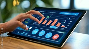 A tablet displaying colorful data visualizations and analytics graphs.