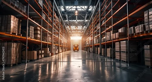 Spacious modern warehouse interior with shelves and pallets, ideal for representing logistics, distribution, storage, and supply chain themes in business and industry.