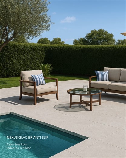 There’s a lightness to Nexus Glacier that feels architectural without being cold. Its large-format surface softens open-plan spaces and keeps grout lines to a minimum, giving floors a sense of flow and calm. Made from porcelain and finished with anti-slip texture, it moves easily from indoors to out. 🖤 NEXUS GLACIER ANTI-SLIP | https://bit.ly/3VCnGgf #LifestyleCeramics #NexusTile #LargeFormatTile #AntiSlipSurface #PorcelainFloors #ModernDesign #IndoorOutdoorLiving #MinimalMood #CuratedSurfaces 