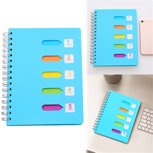 5 Subject Notebook, A5 Small Spiral Notebook with Removable Pocket Dividers Tabs, 240 Pages Spiral Note Book College Ruled for sc-hool Work Note taking, 6.1 * 8.27 in, Blue