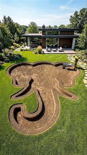 A swimming pool was built outside the house.