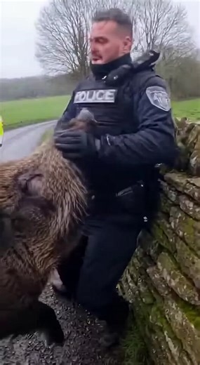 Police Officer Trapped By Massive Wild Boar During Rural Patrol ------------ ----------- ------------- This raw smartphone footage captures a terrifying encounter on a narrow rural road during a bleak, overcast day. The shaky, handheld camera follows the intense struggle of a police officer dressed in tactical gear who has been cornered by a massive, aggressive wild boar. The animal, covered in dark brown fur with sharp tusks visible, has pinned the officer against an old, mossy stone wall. You