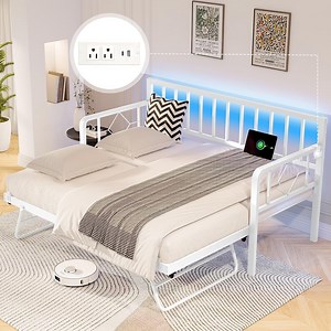 Merluxy Twin DayBed with Charging Station and LED Lights, Metal Twin Daybed with Trundle for Living Room, Bedroom, Guest Room, White