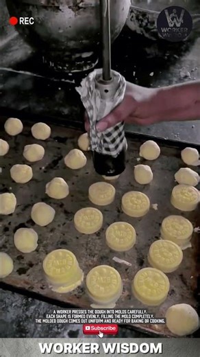 worker making cookies or biscuits using a stamp or manual dough printing #workerwisdom #toolmancrew