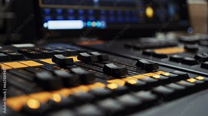 Professional dmx lighting control desk console panel faders being all turned down, all lights turned off. Light console used in film or tv production, broadcast or live music event production