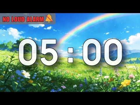 5 Minute Classroom Timer with Music | Spring Meadow & Rainbow Relaxing Scene — NO LOUD ALARM