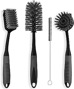 Dish Brush Set of 4 - Kitchen Scrub Brushes with Non-Slip Long Handle for Cleaning, Scrubber, Dishwashing, Dishes, Bottles, Straws, Cups, Pots & Sink, Black