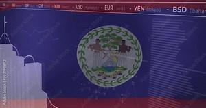 Belize flag with currency exchange rates animation over financial data charts