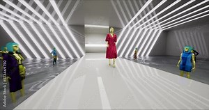 3D Fashion Show. The Virtual Female Model Walks Down the Runway. Pink Dress. Meeting in Virtual Space, Meta Podium Show, Artificial World. Concept of Gamification and Realization of NFT Products. 3D