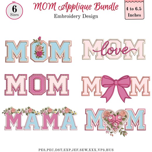 MOM Applique Embroidery Design, Floral Heart Mothers Day Applique File, Letters With Roses, Shirt Embroidery, 10 Sizes, Instant Download - Etsy