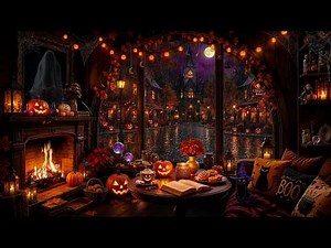 Cozy Halloween Coffee Shop Ambience | Rainy Autumn Nights, Spooky Halloween Jazz & Fireplace Sounds