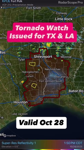 ⚠️ Tornado Watch Issued — Texas & Louisiana ⚠️The Storm Prediction Center has issued Tornado Watch #634 effective from 3:45 PM to 10:00 PM CDT for portions of western Louisiana, east-central and southeast Texas, and adjacent coastal waters.📍 Areas Included: • Shreveport, LA • Lake Charles, LA • Lufkin, TX • Beaumont, TX • Natchitoches, LA🌪️ Primary Threats: • A few tornadoes possible • Damaging wind gusts up to 70 mph • Isolated large hail possible⏰ Timing:Storms will continue developing throu