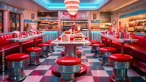 An inviting diner with a nostalgic touch, featuring a checkered floor and cozy red booths, An old-fashioned diner serving burgers and milkshakes, AI Generated