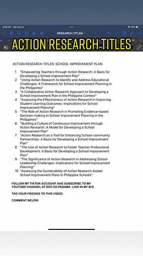 ACTION RESEARCH TITLES #docedpadama #angsabinidoced #researchtitle #fyp