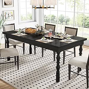 Tribesigns Wood Black Dining Table for 4-6 People, 62” Farmhouse Large Rectangle Kitchen Table, Modern Dinner Table Kitchen & Dining Room Furniture with Carved Turned Legs