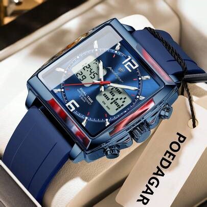 POEDAGAR Luxury Top Man Watch Electronic Square LED Alarm Chronograph Men's Watches Week Date Dual Time Display Men Quartz Clock | SHEIN