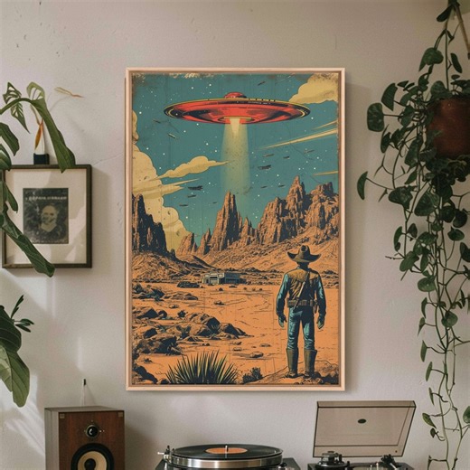 Sci-fi Western Art Print: Cowboy, Alien Abduction, Desert Landscape - Etsy