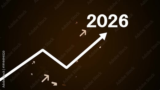 White upward trending arrow graph with smaller brown arrows and the year 2026 displayed against a dark brown gradient background representing future growth and success