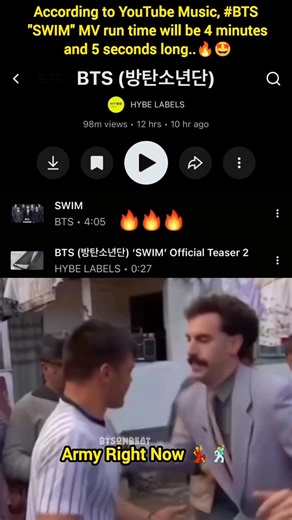 According to YouTube Music, #BTS "SWIM" MV run time will be 4 minutes and 5 seconds long 🤩🔥 #bts