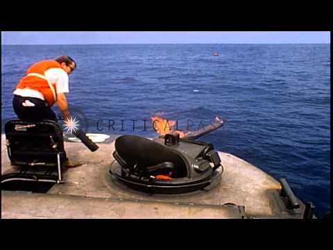 An M10-8 flame gun is fired from Monitor Flame Boats and flames over water in the...HD Stock Footage